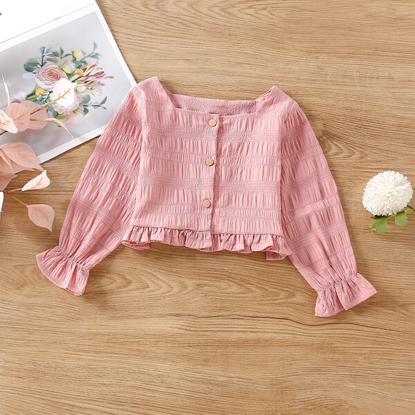 

Toddler Girls Solid Ruffle Hem Button Through Blouse, Pink