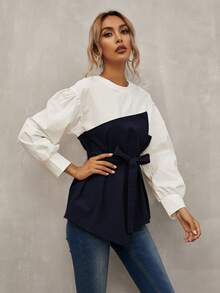 SHEIN LUNE Blus Asimetris Berikat Tombol Blok Warna Casual - Royal Blue - View 4