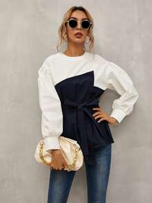 SHEIN LUNE Blus Asimetris Berikat Tombol Blok Warna Casual - Royal Blue - View 5