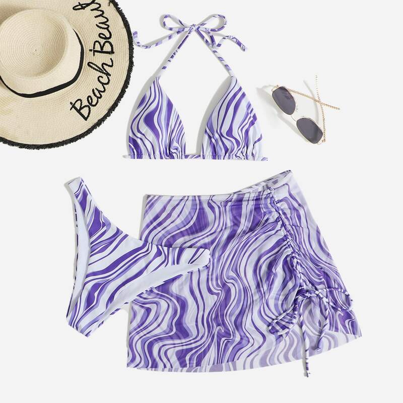 

3pack Graphic Bikini Swimsuit With Beach Skirt, Purple