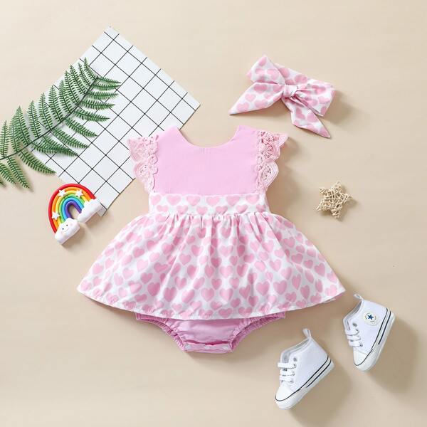 

Baby Girl Heart Print Lace Armhole Combo Bodysuit Dress & Headband, Pink