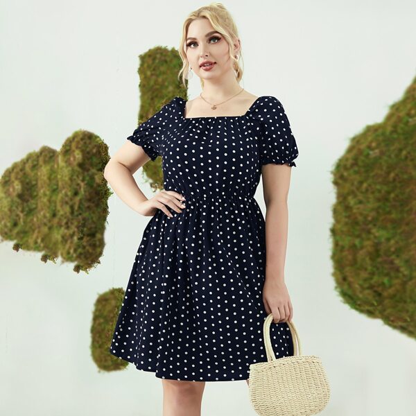 

Plus Polka Dot Square Neck Dress, Navy blue