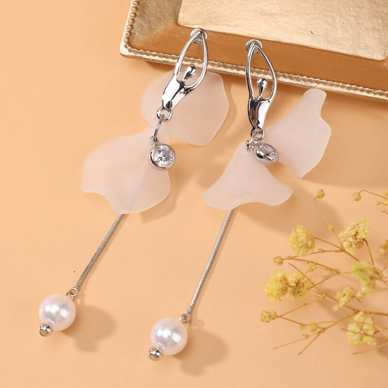 

Faux Pearl Decor Figure Drop Earrings, Silver