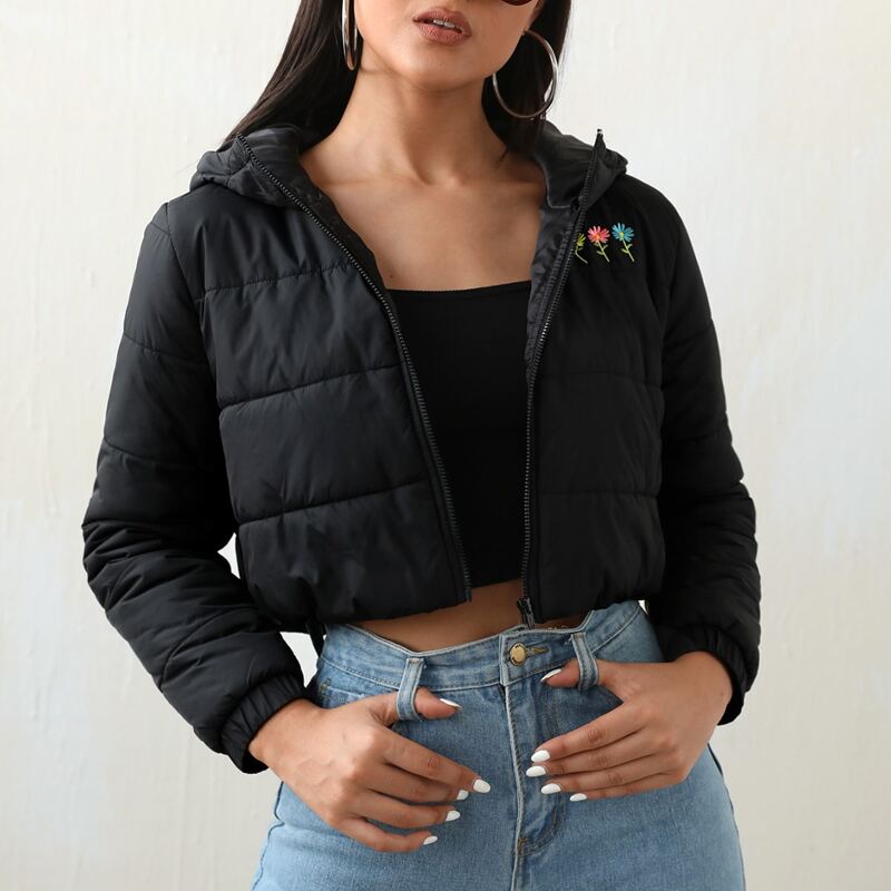

Floral Embroidery Zip Front Hooded Winter Coat, Black