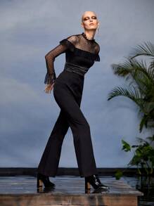 FRIFER Mono con pierna acampanada, manga abullonada, volantes y panel de malla en contraste de diseño - Negro - Ver 4