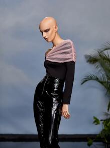 JOVANA JARA Dobby Mesh Panel Asymmetrical Neck Tee - Black - View 4