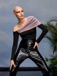 JOVANA JARA Dobby Mesh Panel Asymmetrical Neck Tee - Black - View 5