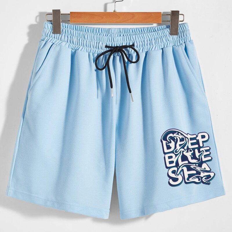 

Guys Letter Graphic Drawstring Shorts, Baby blue