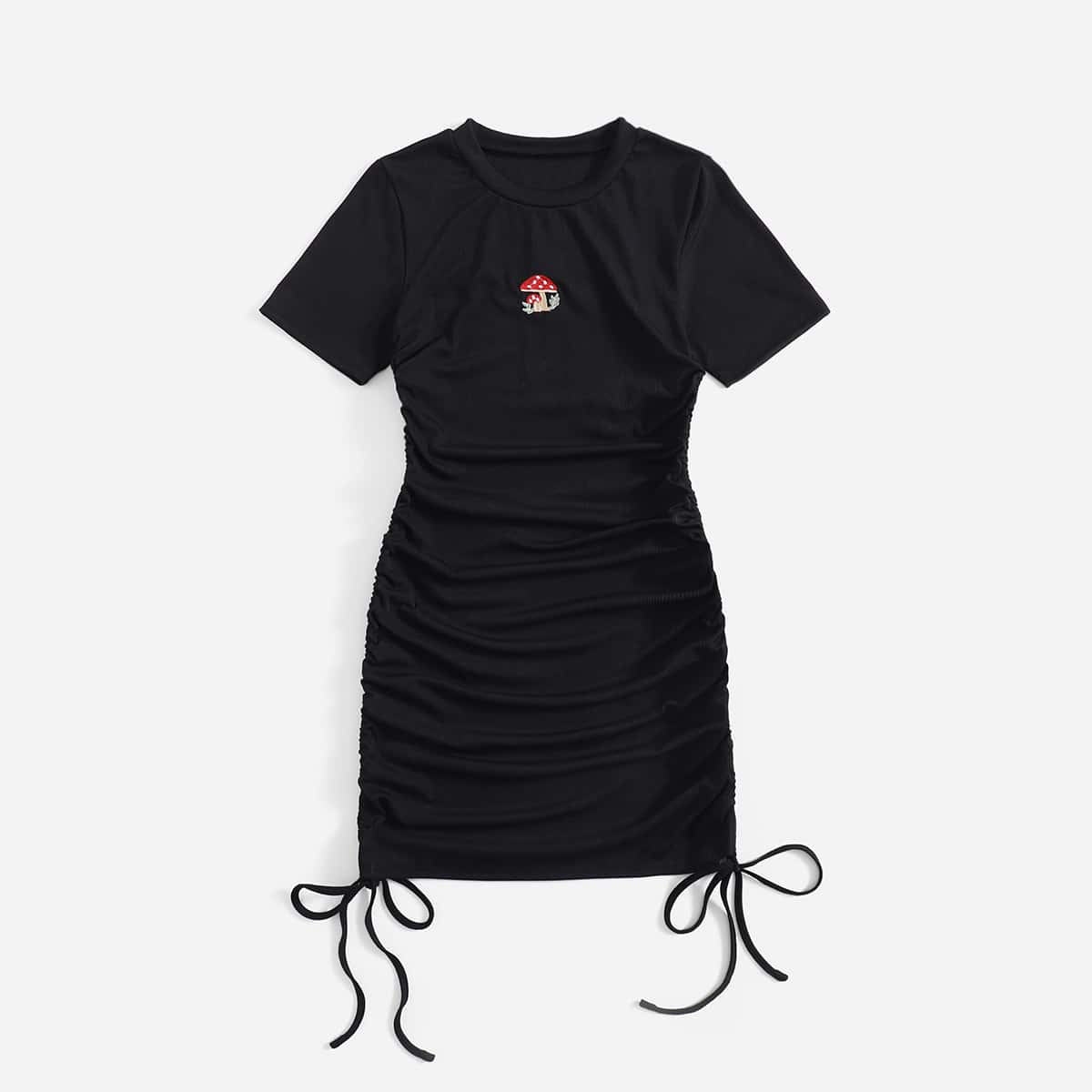

Mushroom Embroidery Drawstring Ruched Dress, Black