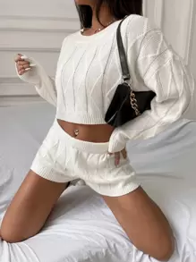 SHEIN Unity Conjunto de suéter corto texturizado de hombros caídos y pantalones cortos para mujer, ropa de otoño e invierno - Beis - Ver 6