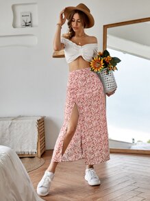 SHEIN VCAY Falda de muslo con abertura floral - Multicolor - View 4