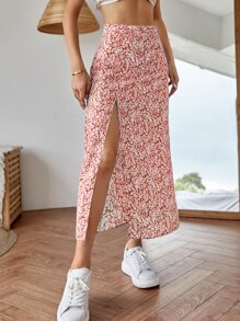 SHEIN VCAY Falda de muslo con abertura floral - Multicolor - View 5
