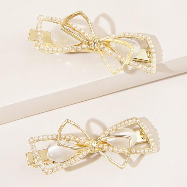 

2pcs Faux Pearl Bow Decor Hair Clip, Multicolor
