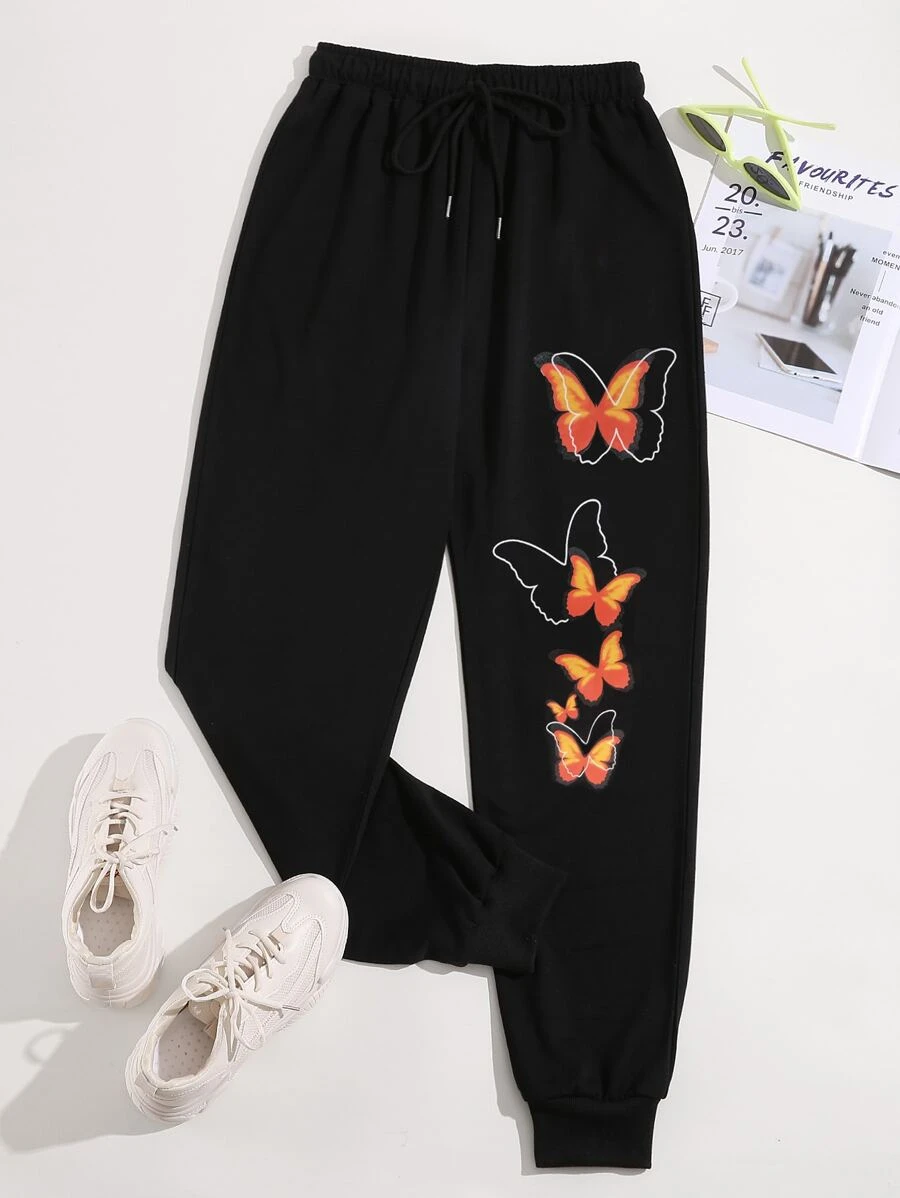 SHEIN Unity Butterfly Print Drawstring Waist Sweatpants - Black - View 1
