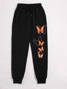 SHEIN Unity Butterfly Print Drawstring Waist Sweatpants - Black - View 4