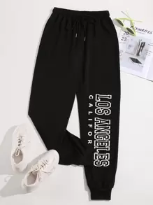 SHEIN Unity 字母圖案抽繩衛褲 - 黑色 - 查看 1
