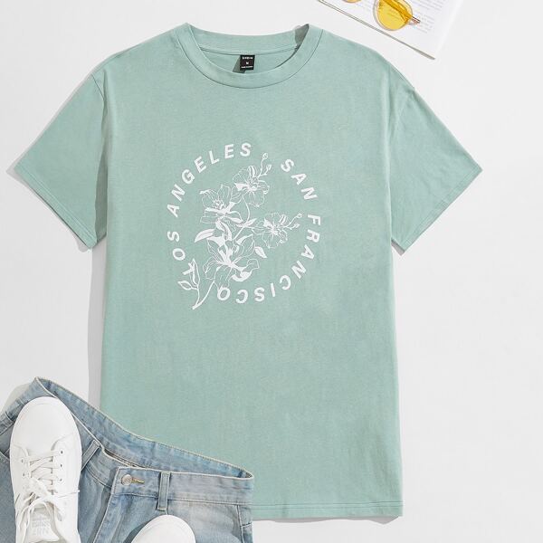

Men Floral & Letter Graphic Tee, Mint green