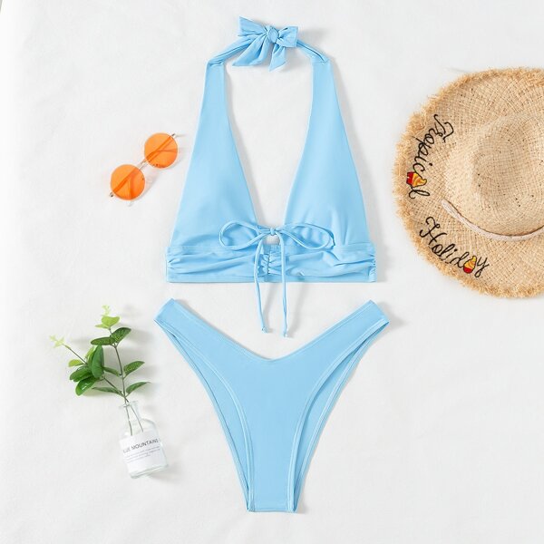 

Solid Tie Front High Cut Bikini Swimsuit, Baby blue