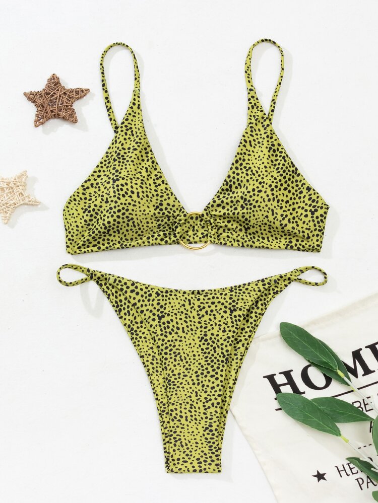 Dalmatian Ring Linked Thong Bikini Set, For Summer Beach Vacation - Olive Green - View 4
