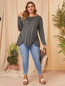 EMERY ROSE Áo thun Plus size Bất đối xứng Nút màu trơn Giải trí - Màu xám đen - Xem 3