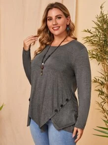 EMERY ROSE Áo thun Plus size Bất đối xứng Nút màu trơn Giải trí - Màu xám đen - Xem 4