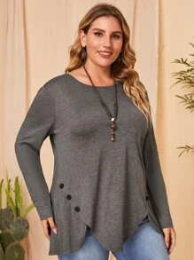 EMERY ROSE Áo thun Plus size Bất đối xứng Nút màu trơn Giải trí - Màu xám đen - Xem 5