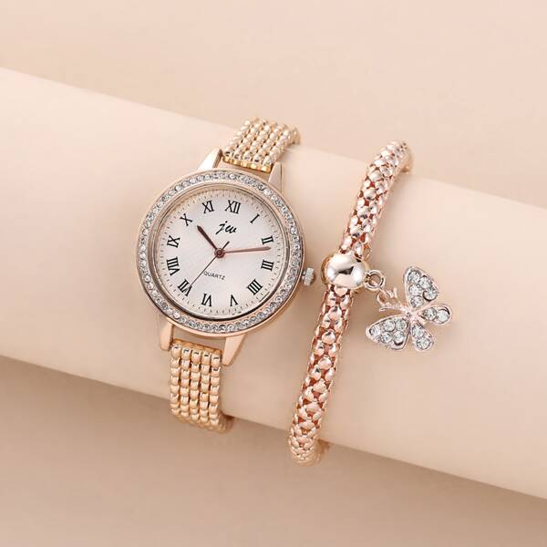 

1pc Rhinestone Decor Quartz Watch & 1pc Bracelet