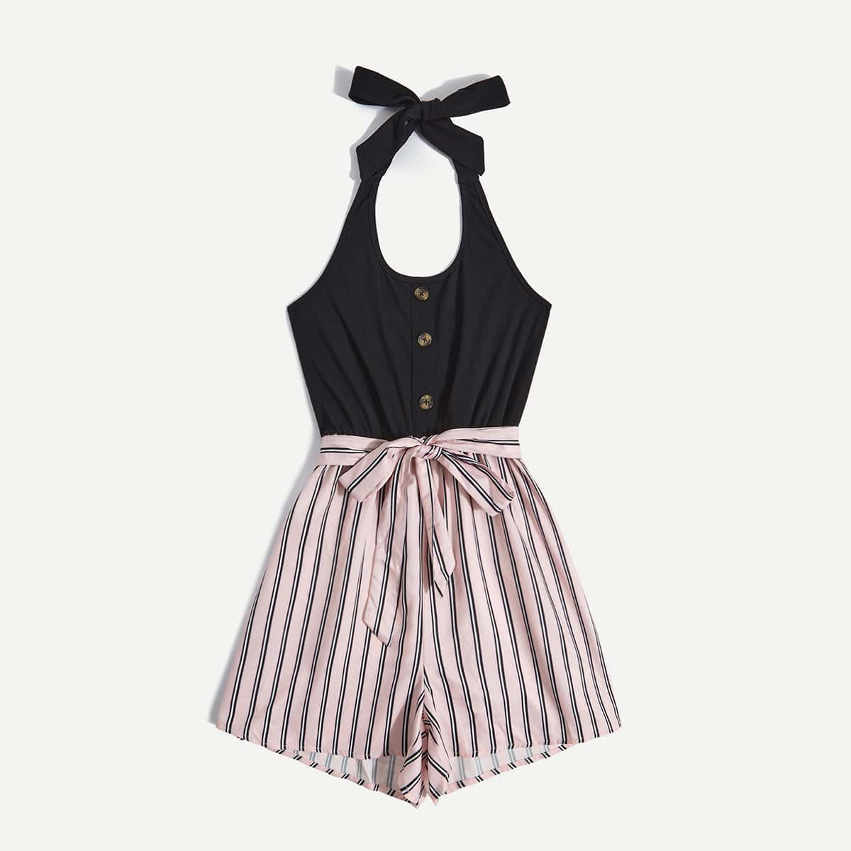 

Striped Print Button Front Romper, Multicolor