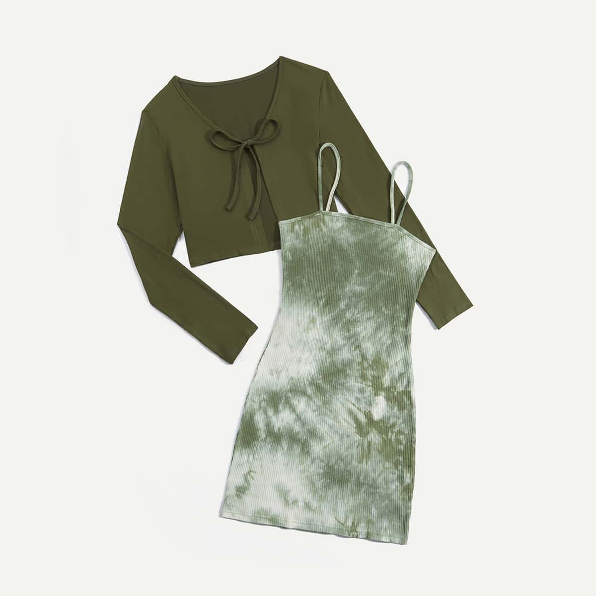 

Solid Tie Front Crop Top & Tie Dye Cami Dress, Army green
