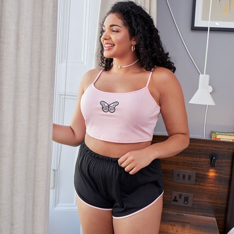 

Plus Butterfly Print Cami Top & Shorts PJ Set, Multicolor