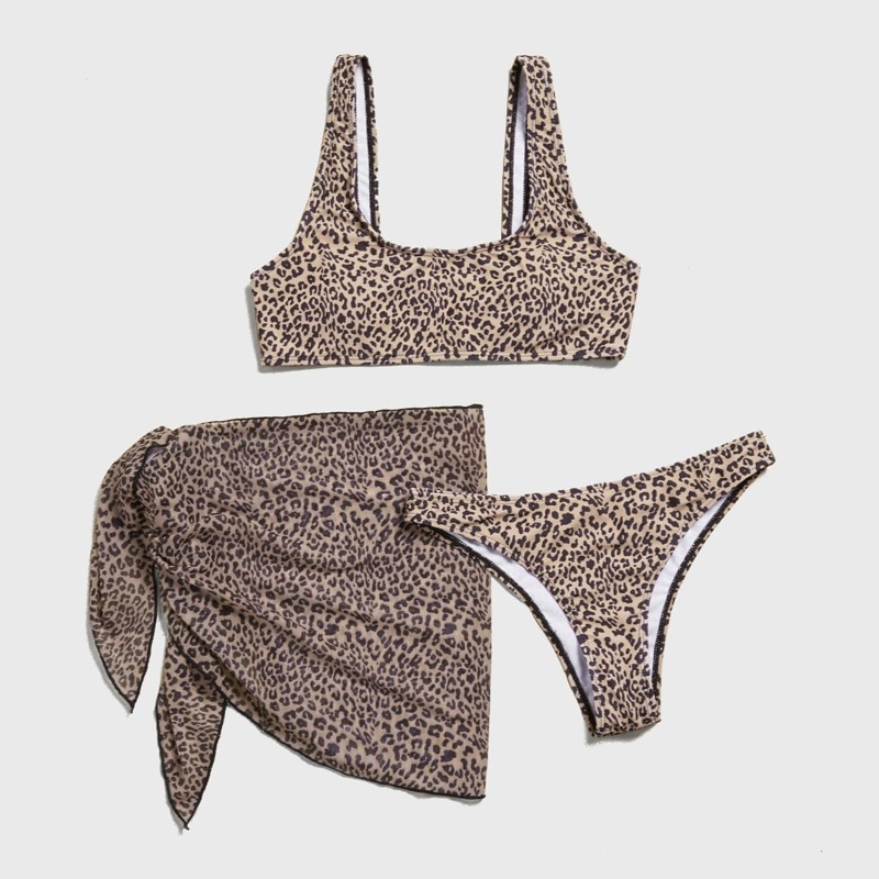 

3pack Leopard Bikini Swimsuit With Beach Skirt, Multicolor
