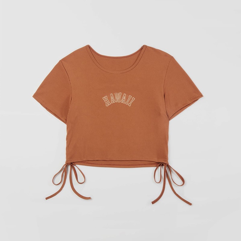 

Letter Drawstring Ruched Ribbed Tee, Coffee brown