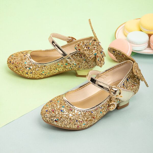 

Girls Rhinestone Decor Glitter Mary Janes, Gold