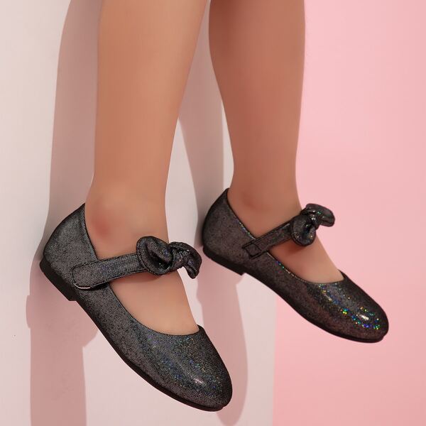 

Girls Bow Decor Glitter Mary Janes, Black