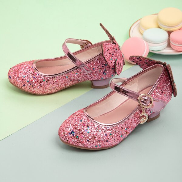 

Girls Rhinestone Decor Glitter Mary Janes, Pink