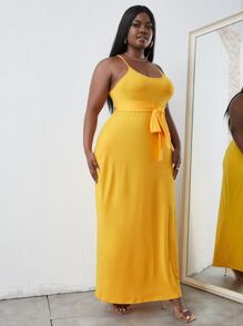 Maweii 大碼素色腰帶吊帶連衣裙 - 黃色 - 查看 5