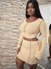 Maweii Plus Contrast Topstitching Split Cuff Crop Tee With Bodycon Skirt - Apricot - View 3