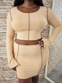 Maweii Plus Contrast Topstitching Split Cuff Crop Tee With Bodycon Skirt - Apricot - View 4