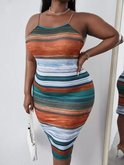 Maweii 大碼條紋圖案吊帶緊身裙