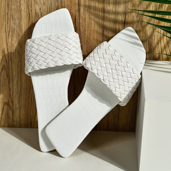 

Braided Embossed Slide Sandals, White