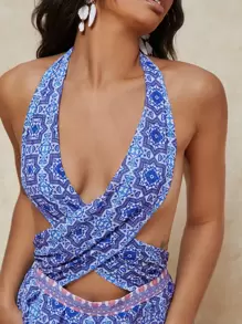 SHEIN VCAY Áo liền quần Lộ Lưng Hội Chữ thập Cắt ra Tất cả trên in Boho - Màu xanh lam - Xem 4