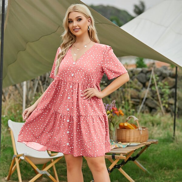 

Plus Polka Dot Smock Dress, Pink