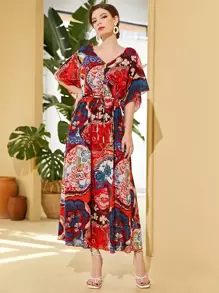 滿版印花腰部抽繩連衣裙 - 彩色 - 查看 1