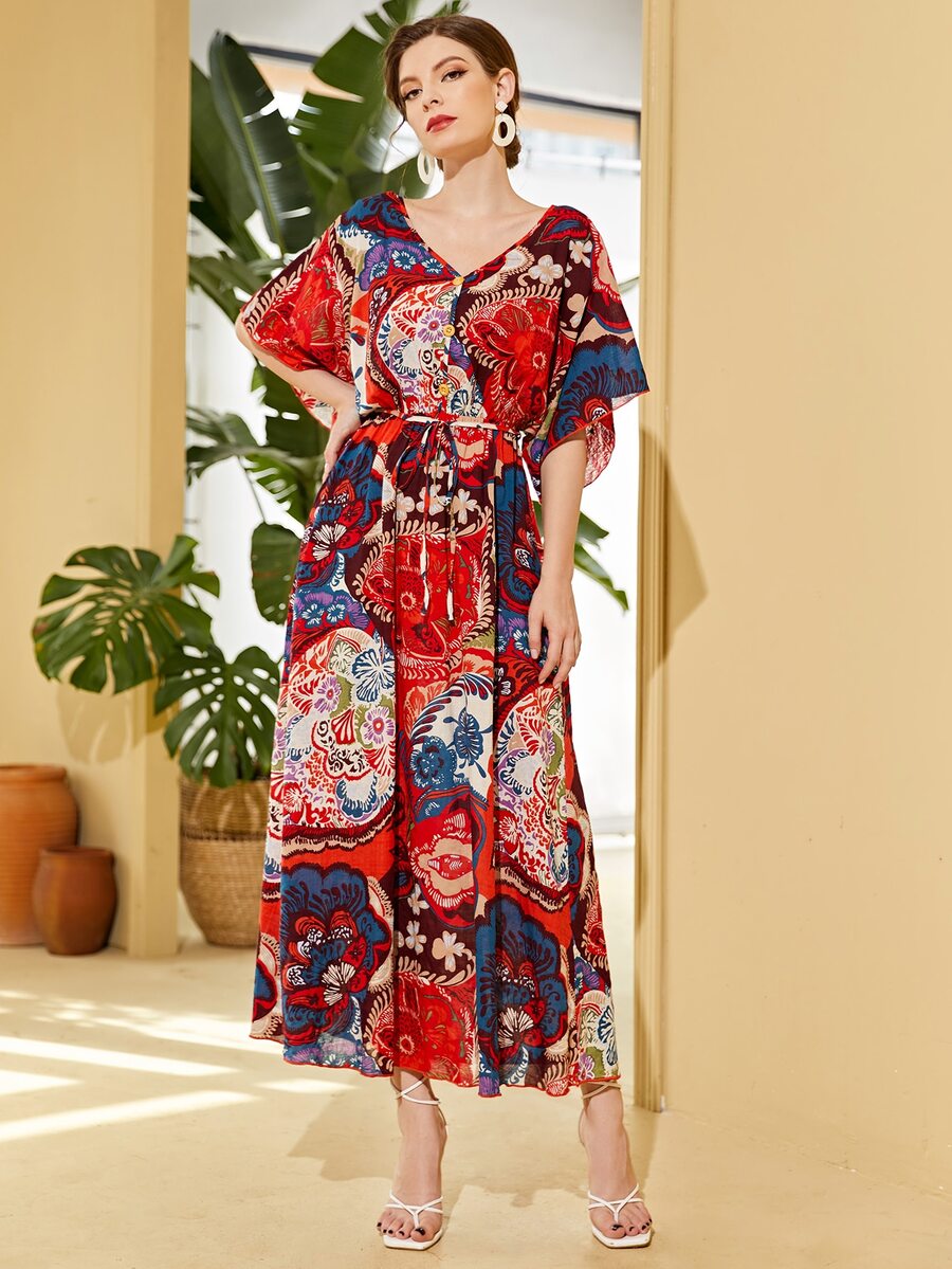 滿版印花腰部抽繩連衣裙 - 彩色 - 查看 1