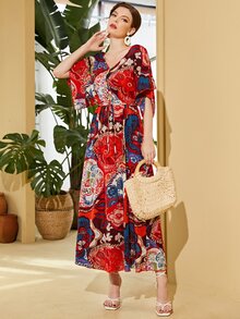 滿版印花腰部抽繩連衣裙 - 彩色 - 查看 4