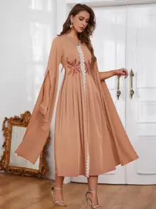Al Najma Contrast Lace Plants Embroidered Split Dress Kaftan Jalabiya Dress - Champagne - View 1