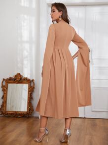 Al Najma Contrast Lace Plants Embroidered Split Dress Kaftan Jalabiya Dress - Champagne - View 2