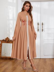 Al Najma Contrast Lace Plants Embroidered Split Dress Kaftan Jalabiya Dress - Champagne - View 4
