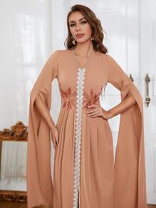 Al Najma Contrast Lace Plants Embroidered Split Dress Kaftan Jalabiya Dress - Champagne - View 5