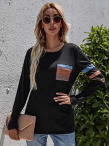 Colourblock Pocket Front Tee - Black - View 1